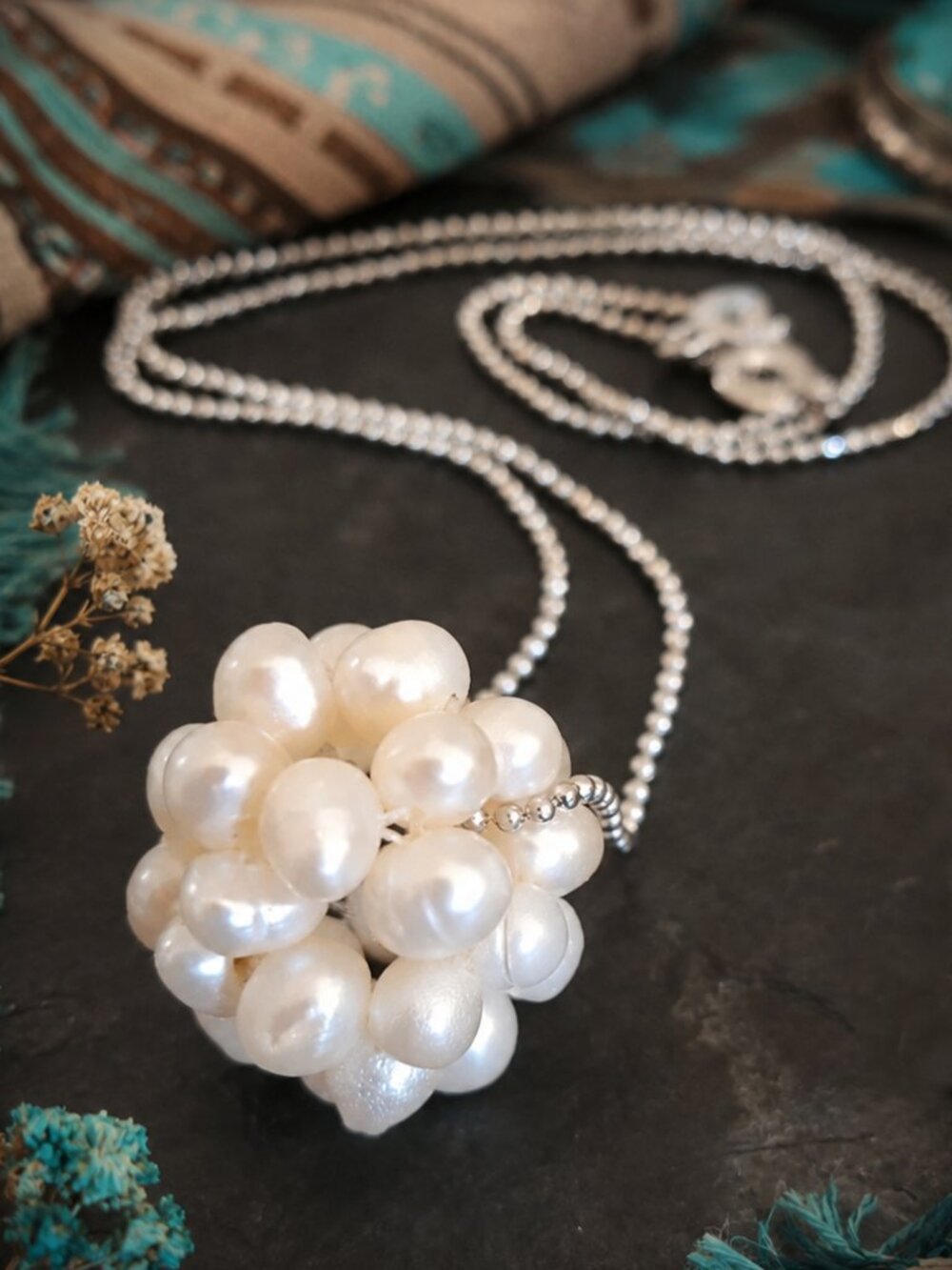 Mississippi Snowball Genuine Pearl Cluster Pendant Necklace Sterling Silver
